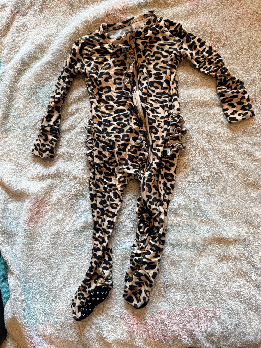 Posh Peanut Leopard Print Footed One-Piece Pajamas - Tan & Black